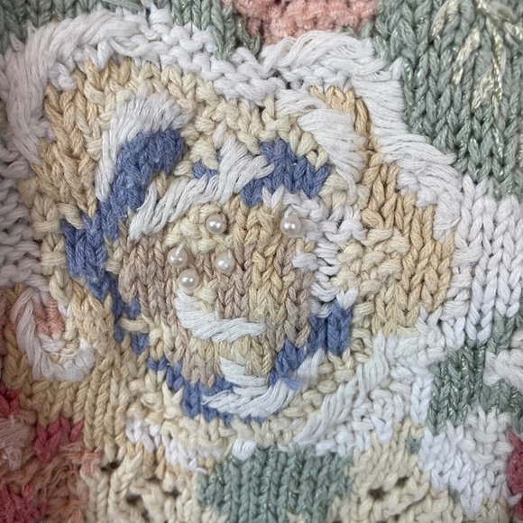 Vintage Casual Corner Floral Knit Sweater XL Cream Pearl Embellished Grandma - Picture 3 of 8